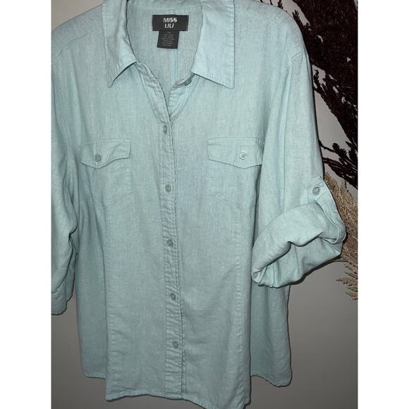 Miss Lili size 2X linen blend blue beachy roll tab half sleeve blouse button up - Picture 4 of 8